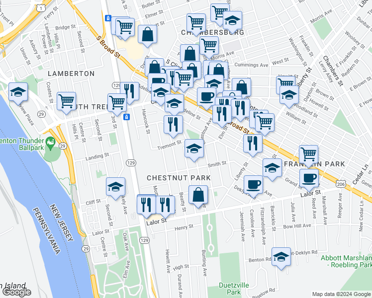 map of restaurants, bars, coffee shops, grocery stores, and more near 6 Elm Street in Trenton
