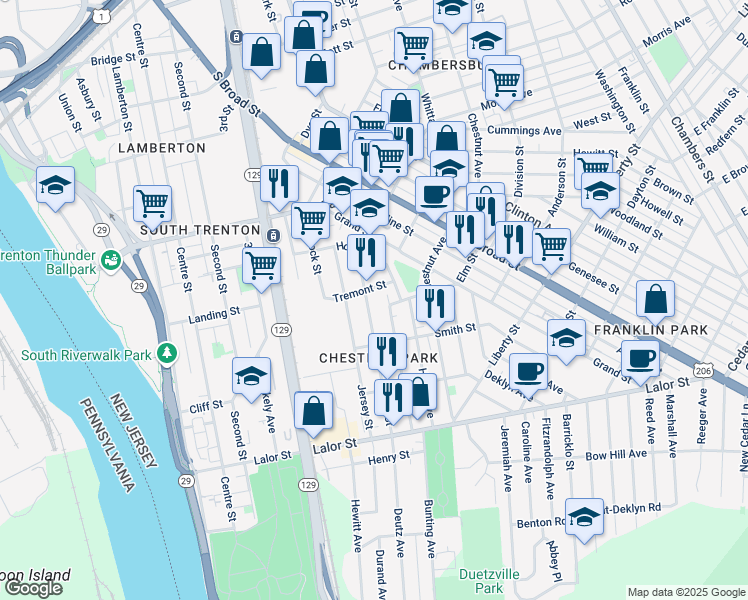 map of restaurants, bars, coffee shops, grocery stores, and more near 25 Randall Avenue in Trenton