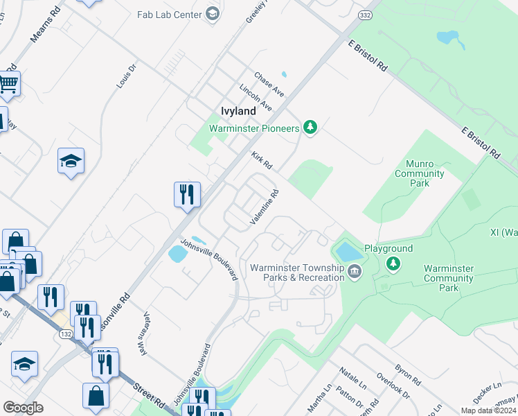 map of restaurants, bars, coffee shops, grocery stores, and more near 44 Valentine Road in Ivyland