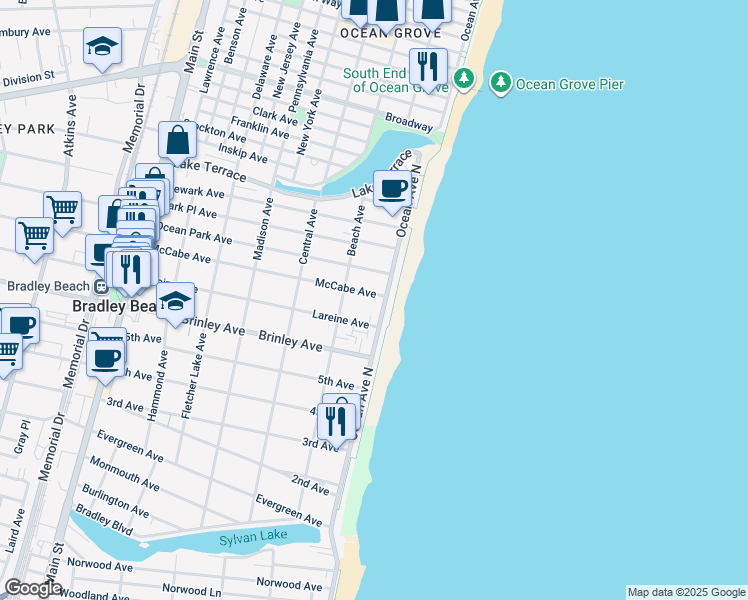 map of restaurants, bars, coffee shops, grocery stores, and more near 705 Ocean Avenue in Bradley Beach