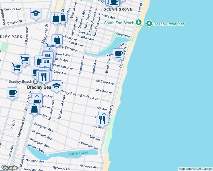 map of restaurants, bars, coffee shops, grocery stores, and more near 702 Beach Avenue in Bradley Beach
