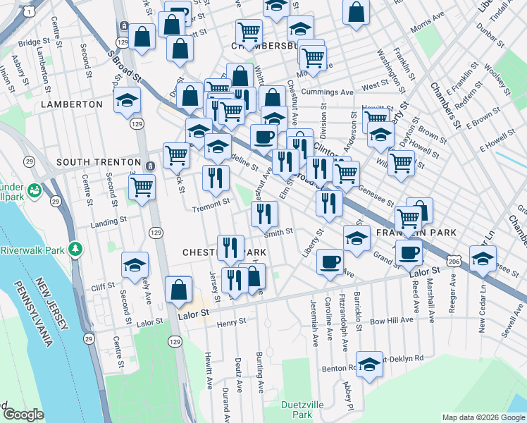 map of restaurants, bars, coffee shops, grocery stores, and more near 322 Home Avenue in Trenton
