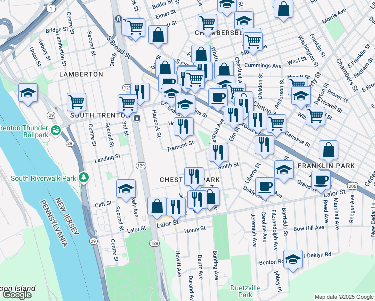 map of restaurants, bars, coffee shops, grocery stores, and more near 25 Randall Avenue in Trenton