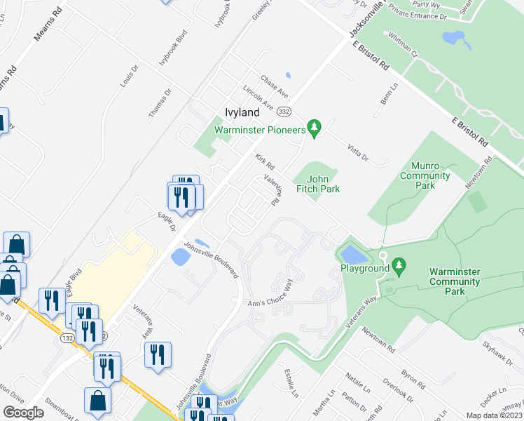 map of restaurants, bars, coffee shops, grocery stores, and more near 44 Valentine Road in Ivyland