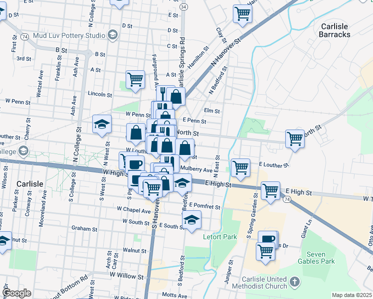 map of restaurants, bars, coffee shops, grocery stores, and more near 65 East Louther Street in Carlisle