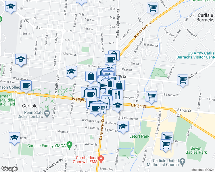 map of restaurants, bars, coffee shops, grocery stores, and more near 4 East Louther Street in Carlisle