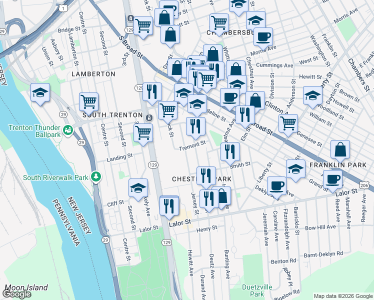 map of restaurants, bars, coffee shops, grocery stores, and more near 87 Tremont Street in Trenton