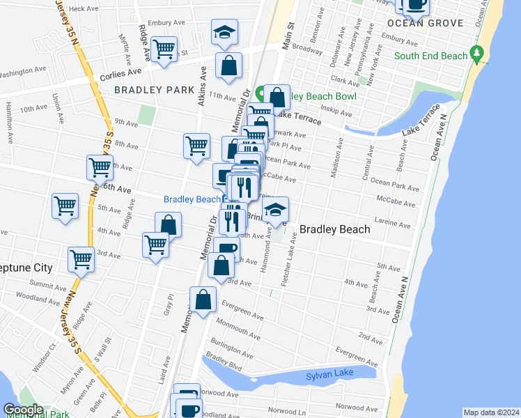 map of restaurants, bars, coffee shops, grocery stores, and more near 600 Brinley Avenue in Bradley Beach