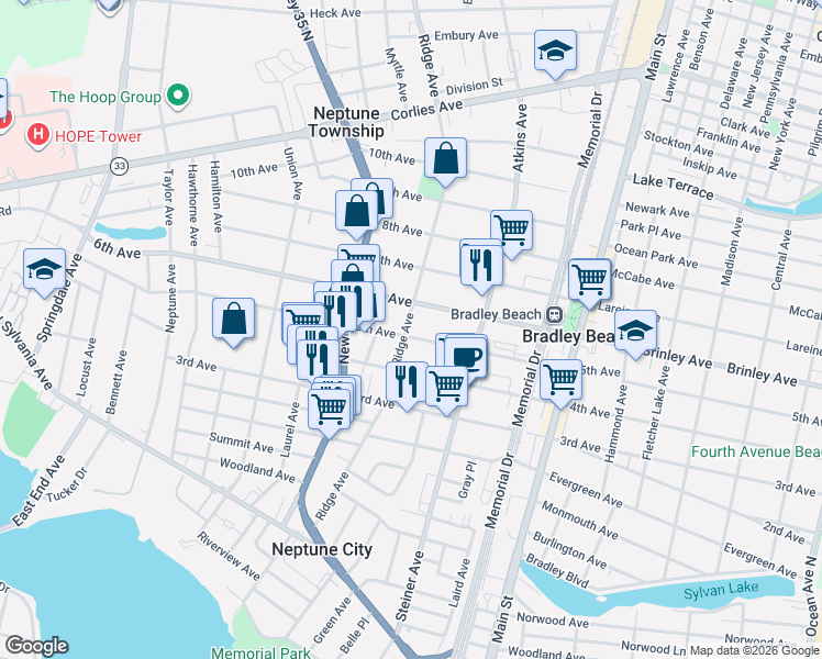 map of restaurants, bars, coffee shops, grocery stores, and more near 81 5th Avenue in Neptune City