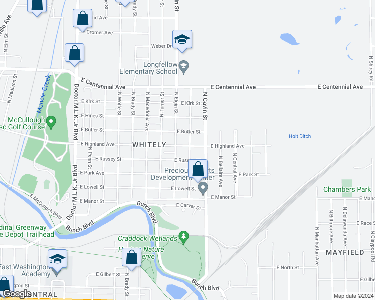 map of restaurants, bars, coffee shops, grocery stores, and more near 1919 East Highland Avenue in Muncie