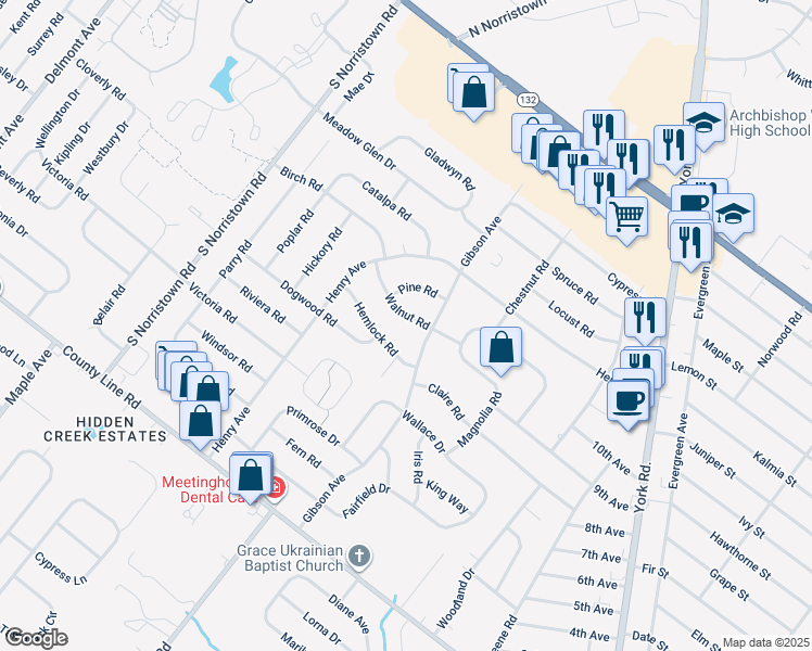 map of restaurants, bars, coffee shops, grocery stores, and more near 876 Walnut Road in Warminster
