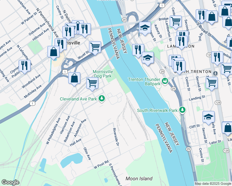 map of restaurants, bars, coffee shops, grocery stores, and more near 223 Delaware Avenue in Morrisville