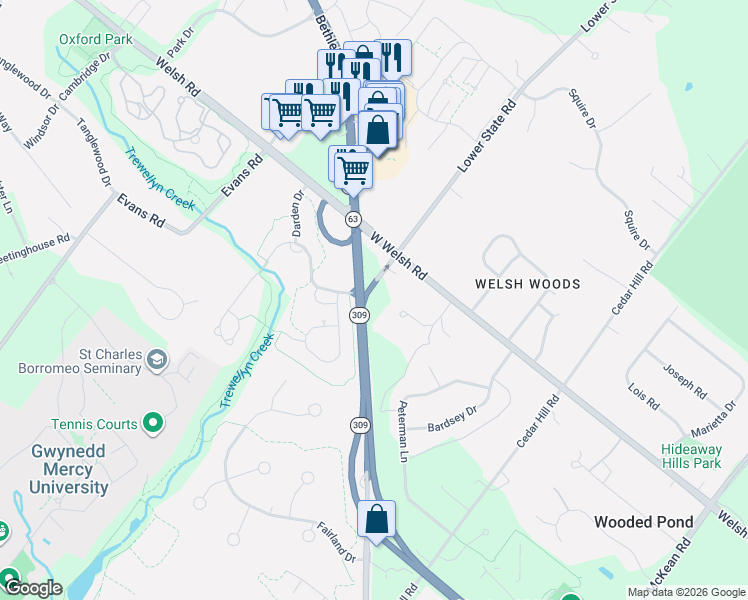map of restaurants, bars, coffee shops, grocery stores, and more near 1110 Walnut Farm Road in Ambler