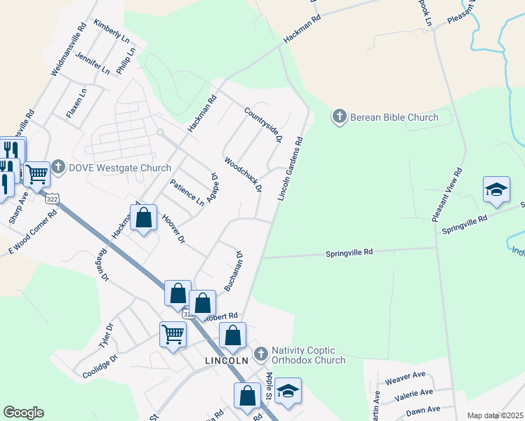 map of restaurants, bars, coffee shops, grocery stores, and more near 105 Woodchuck Drive in Ephrata
