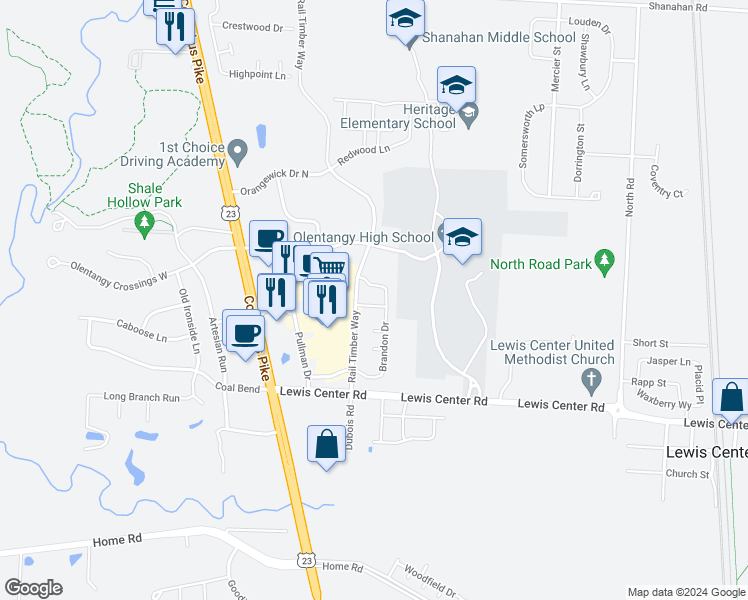 map of restaurants, bars, coffee shops, grocery stores, and more near 415 Lee Way in Lewis Center