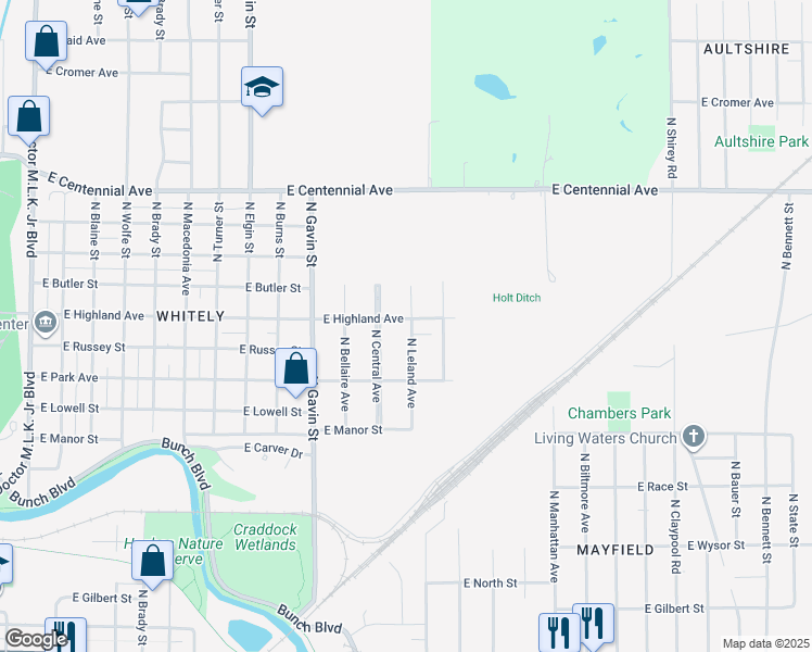 map of restaurants, bars, coffee shops, grocery stores, and more near 1108 North Leland Avenue in Muncie