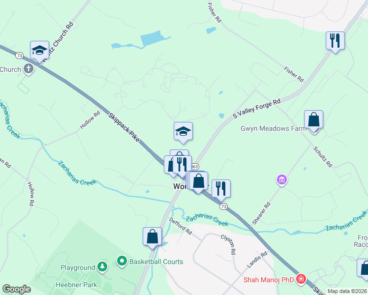 map of restaurants, bars, coffee shops, grocery stores, and more near 3017 West Skippack Pike in Lansdale