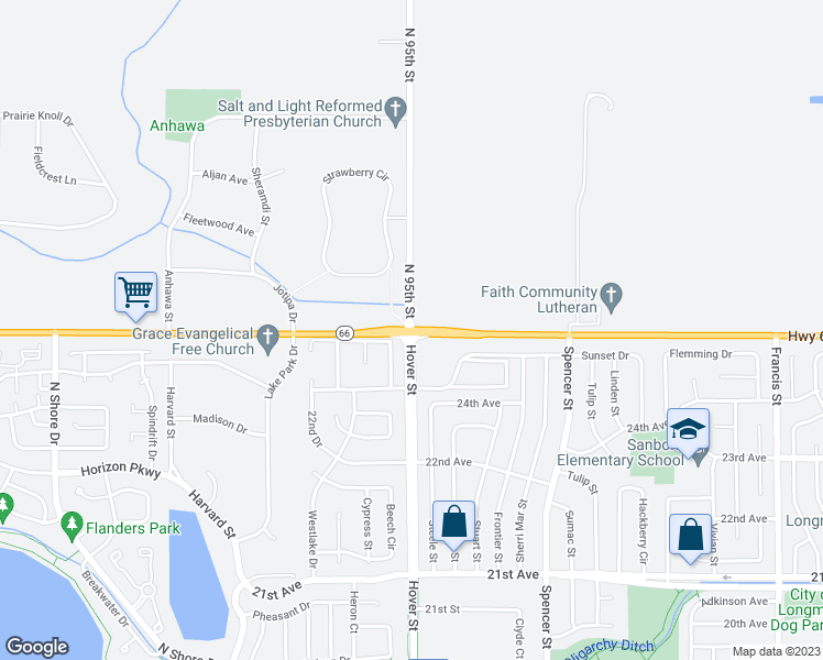 map of restaurants, bars, coffee shops, grocery stores, and more near 6816 North 95th Street in Longmont