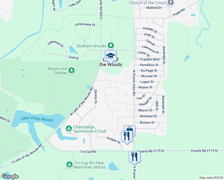 map of restaurants, bars, coffee shops, grocery stores, and more near 2010 Prairie Grass Lane in Mahomet