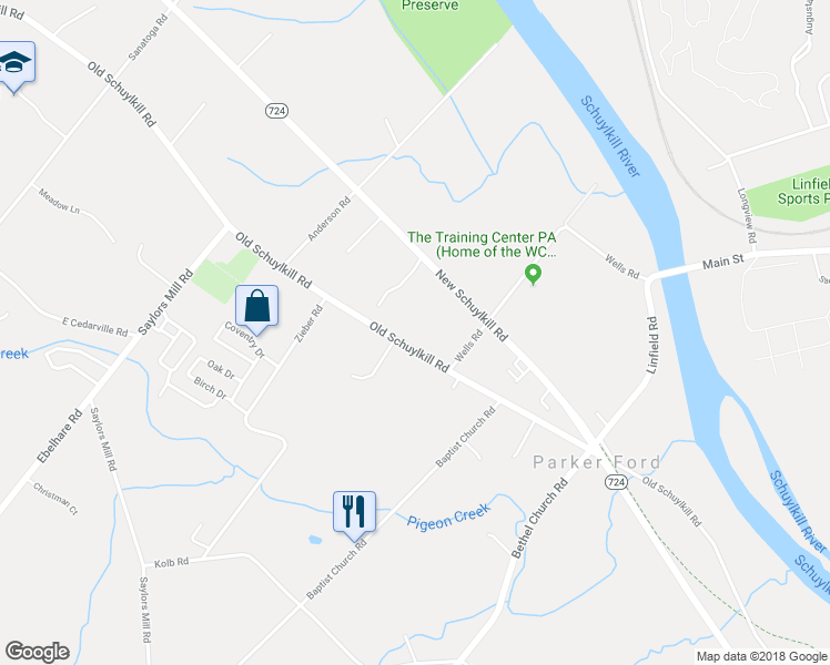 map of restaurants, bars, coffee shops, grocery stores, and more near 1429 Old Schuylkill Road in Spring City