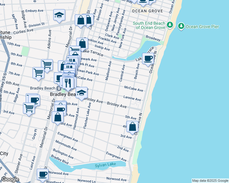 map of restaurants, bars, coffee shops, grocery stores, and more near in Bradley Beach