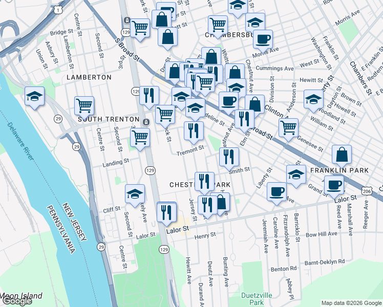 map of restaurants, bars, coffee shops, grocery stores, and more near 122 Jersey Street in Trenton