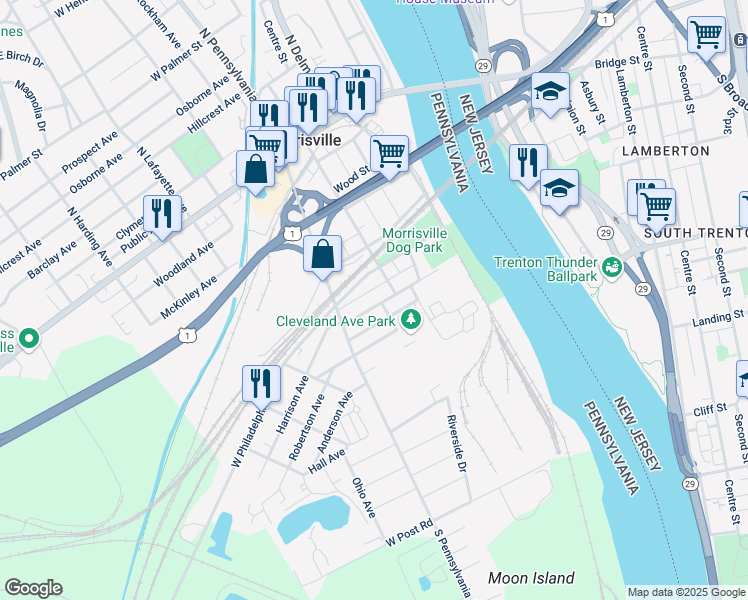 map of restaurants, bars, coffee shops, grocery stores, and more near 56 Delaware Avenue in Morrisville