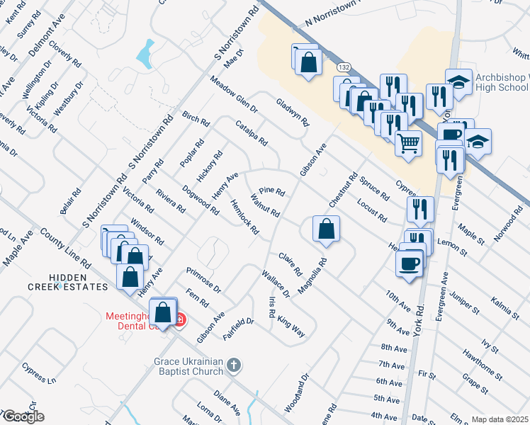 map of restaurants, bars, coffee shops, grocery stores, and more near 876 Walnut Road in Warminster