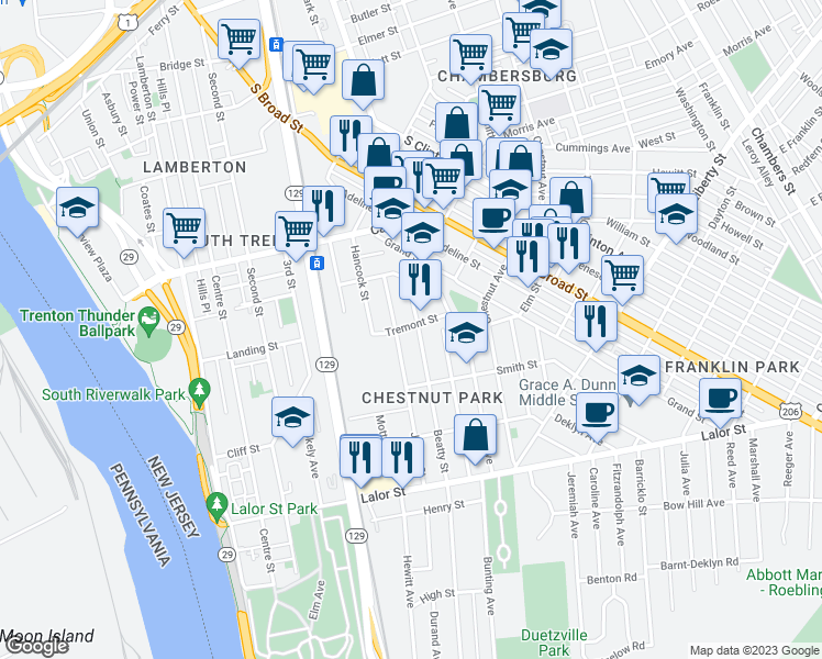map of restaurants, bars, coffee shops, grocery stores, and more near 701 Beatty Street in Trenton