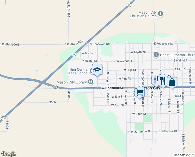 map of restaurants, bars, coffee shops, grocery stores, and more near 208 North Mason Street in Mason City