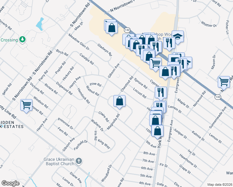 map of restaurants, bars, coffee shops, grocery stores, and more near 347 Magnolia Road in Warminster
