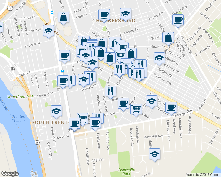 map of restaurants, bars, coffee shops, grocery stores, and more near 1604 Chestnut Avenue in Trenton