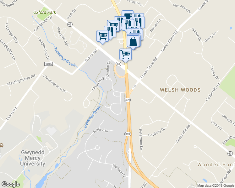 map of restaurants, bars, coffee shops, grocery stores, and more near 1250 Johnson Lane in Spring House