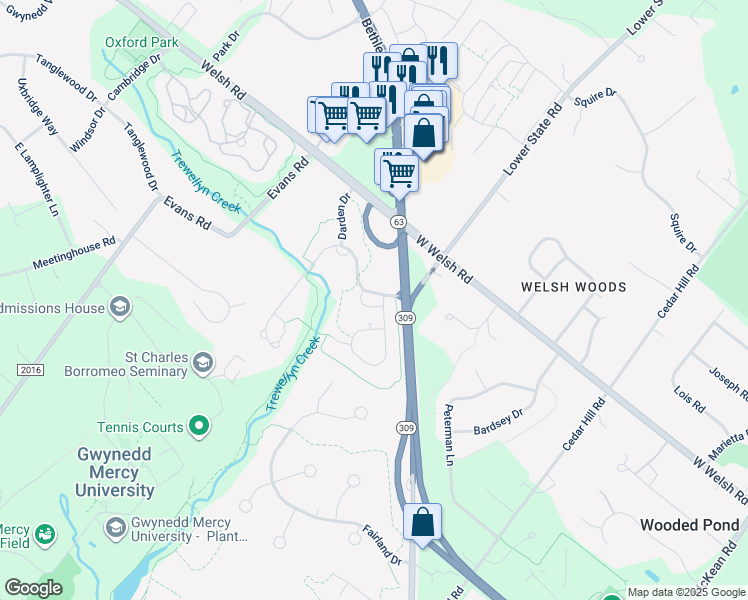 map of restaurants, bars, coffee shops, grocery stores, and more near 1250 Johnson Lane in Spring House
