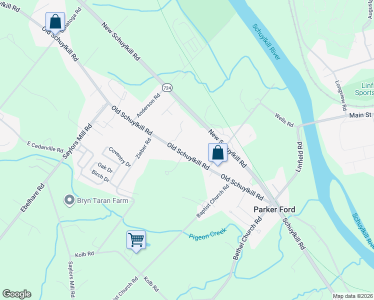map of restaurants, bars, coffee shops, grocery stores, and more near 1429 Old Schuylkill Road in Spring City