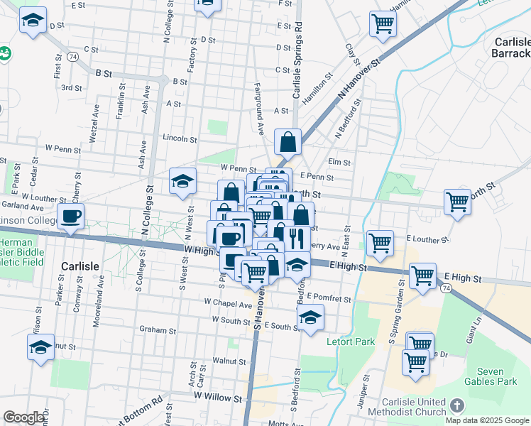 map of restaurants, bars, coffee shops, grocery stores, and more near 116 North Hanover Street in Carlisle