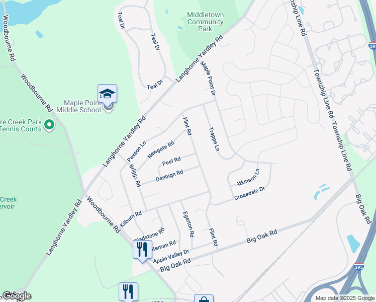 map of restaurants, bars, coffee shops, grocery stores, and more near 226 Peel Road in Langhorne