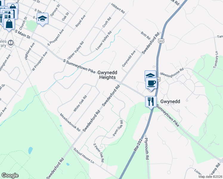 map of restaurants, bars, coffee shops, grocery stores, and more near 996 North Penn Oak Road in Gwynedd Valley