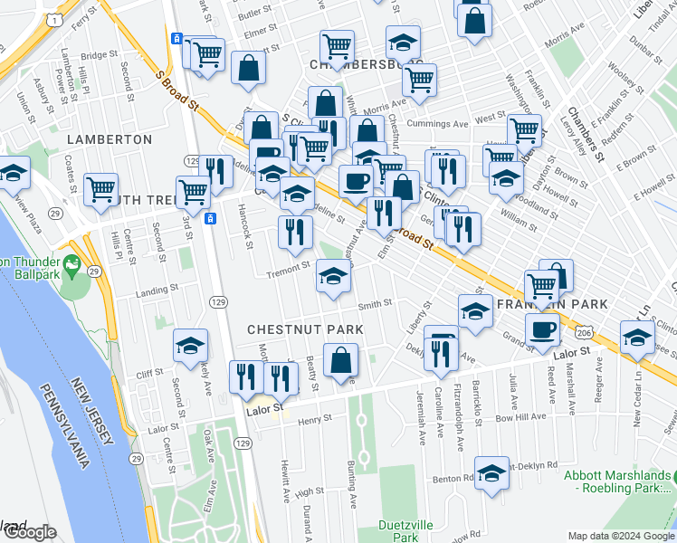 map of restaurants, bars, coffee shops, grocery stores, and more near 46 Elm Street in Trenton