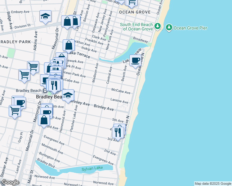 map of restaurants, bars, coffee shops, grocery stores, and more near 702 Beach Avenue in Bradley Beach