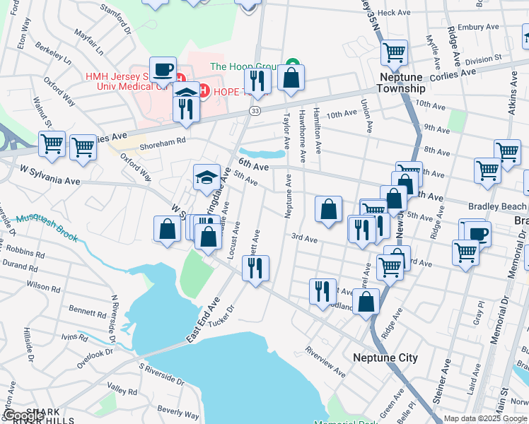 map of restaurants, bars, coffee shops, grocery stores, and more near 100 Bennett Avenue in Neptune City