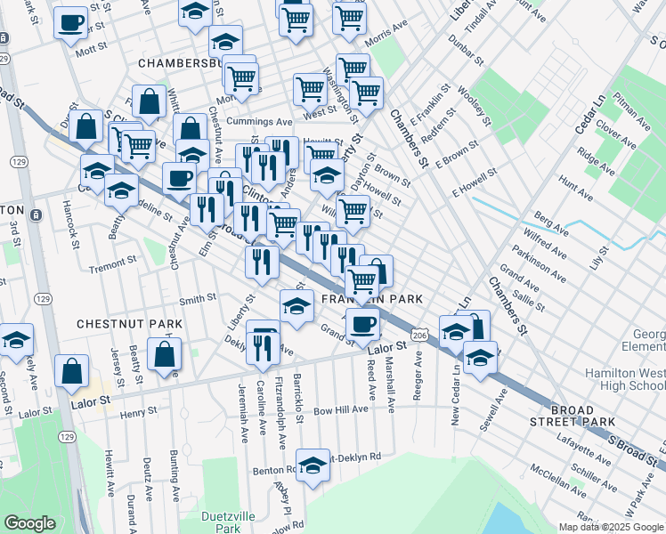map of restaurants, bars, coffee shops, grocery stores, and more near 1272 South Broad Street in Trenton