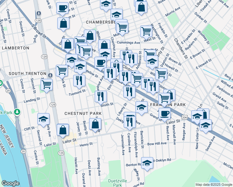 map of restaurants, bars, coffee shops, grocery stores, and more near 507 Grand Street in Trenton