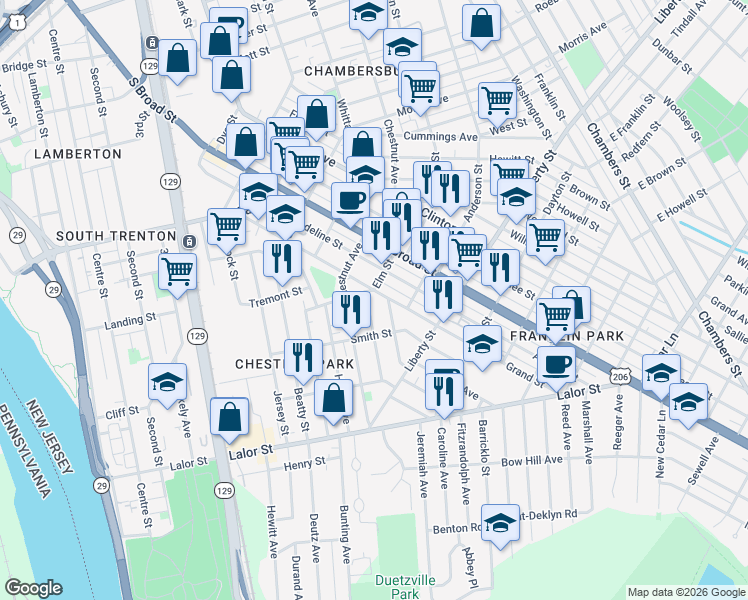 map of restaurants, bars, coffee shops, grocery stores, and more near 46 Barnt Avenue in Trenton