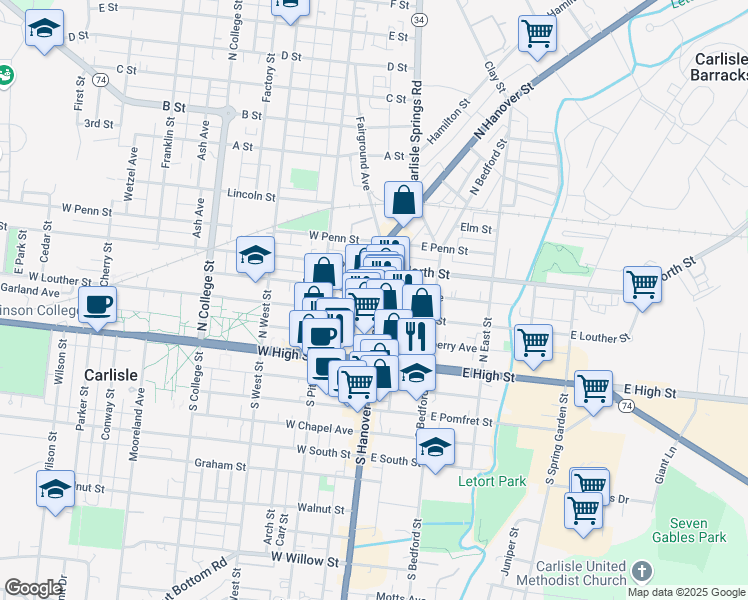 map of restaurants, bars, coffee shops, grocery stores, and more near 4 East Louther Street in Carlisle