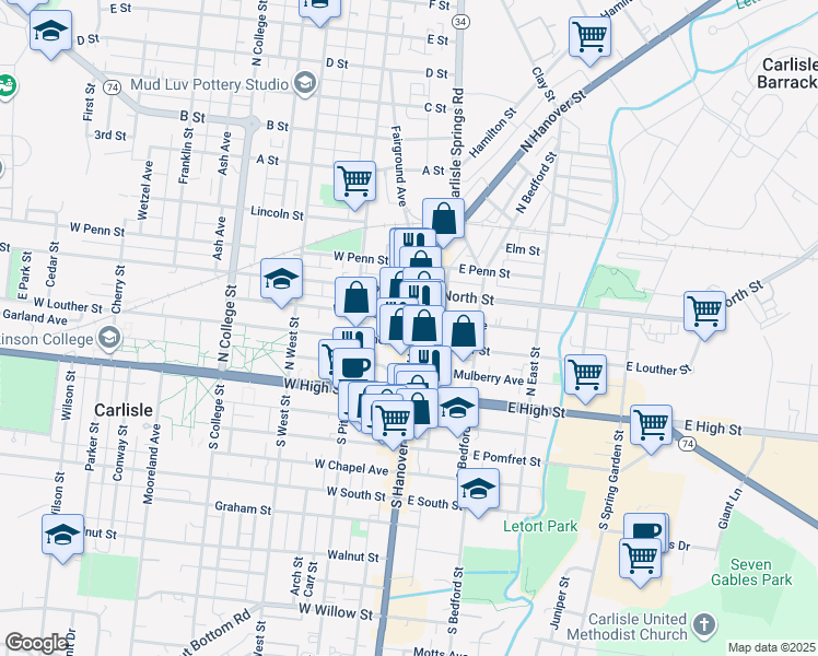 map of restaurants, bars, coffee shops, grocery stores, and more near 4 East Louther Street in Carlisle