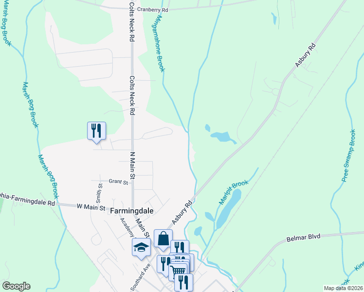 map of restaurants, bars, coffee shops, grocery stores, and more near 20 Ruset Lane in Farmingdale