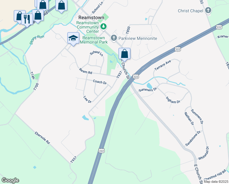 map of restaurants, bars, coffee shops, grocery stores, and more near 1265 Ridge Avenue in Ephrata