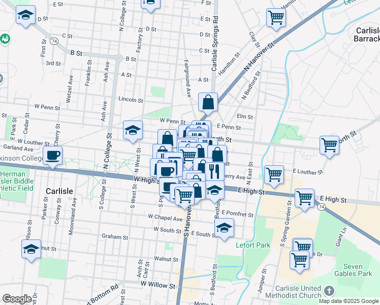 map of restaurants, bars, coffee shops, grocery stores, and more near 118 North Hanover Street in Carlisle