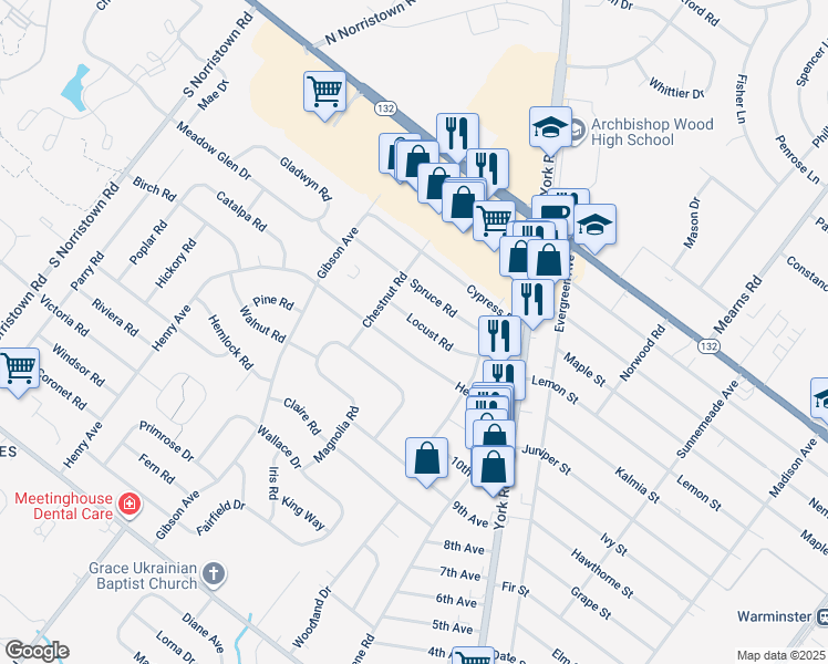 map of restaurants, bars, coffee shops, grocery stores, and more near 718 Locust Road in Warminster